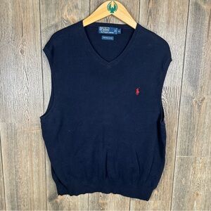 Polo Ralph Lauren V-Neck Sweater Vest Pima Cotton Men Size XL Navy Blue Red Pony